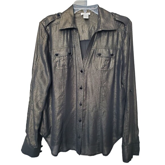 Cache Black with Gold Shimmer Semi-Sheer Roll-Tab Sleeve Button-Up Top Size LGE - Picture 1 of 6